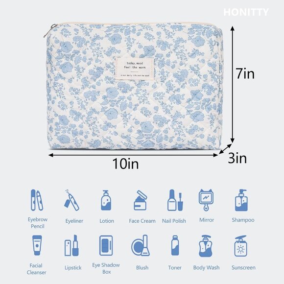 Makeup Pouch,Quilted Cosmetic Bags,Large Floral Make Up Organizer for Women - Picture 2 of 6